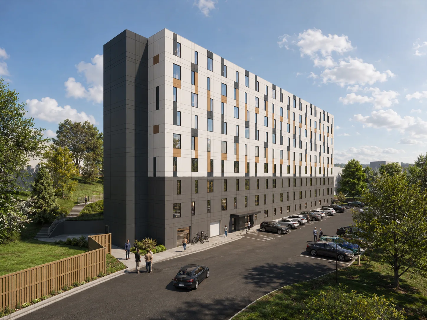Architectural visualization of Cataraqui Commons showing the residential facade, landscaping and surrounding site.